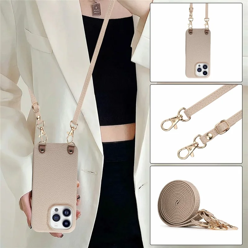 Bulk Purchasing For iPhone 16 Pro Litchi Pattern Case with 130cm Lanyard Shockproof PC PU Leather Cover - Grey  /  Silver