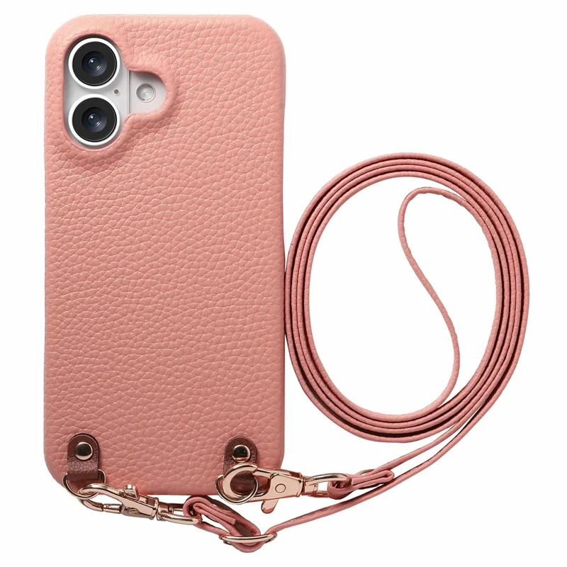 Bulk Purchasing For iPhone 16 Litchi Pattern Case with 130cm Lanyard Shockproof PC PU Leather Cover - Pink