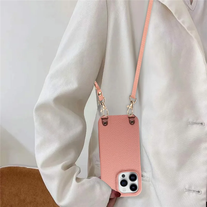 Bulk Purchasing For iPhone 15 Pro Max Litchi Pattern Case with 130cm Lanyard Shockproof PC PU Leather Cover - Pink