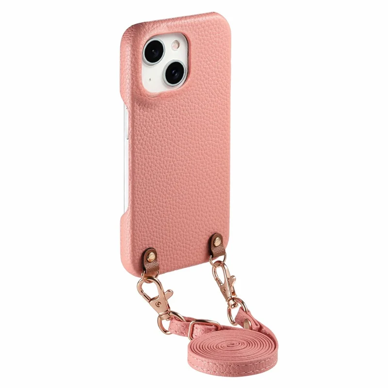 Bulk Purchasing For iPhone 14 Litchi Pattern Case with 130cm Lanyard Shockproof PC PU Leather Cover - Pink