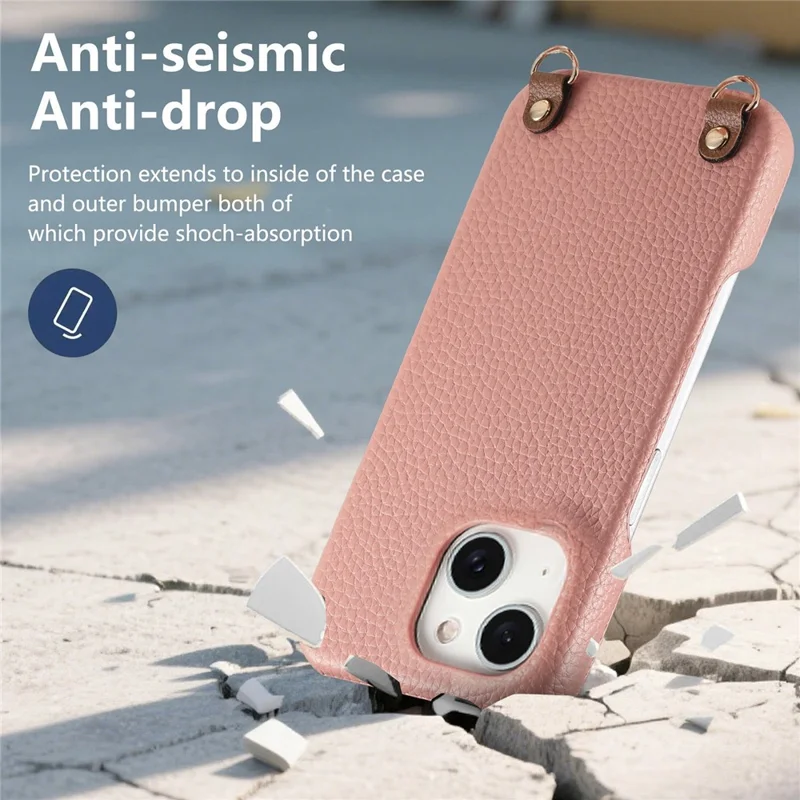 Bulk Purchasing For iPhone 14 Litchi Pattern Case with 130cm Lanyard Shockproof PC PU Leather Cover - Pink