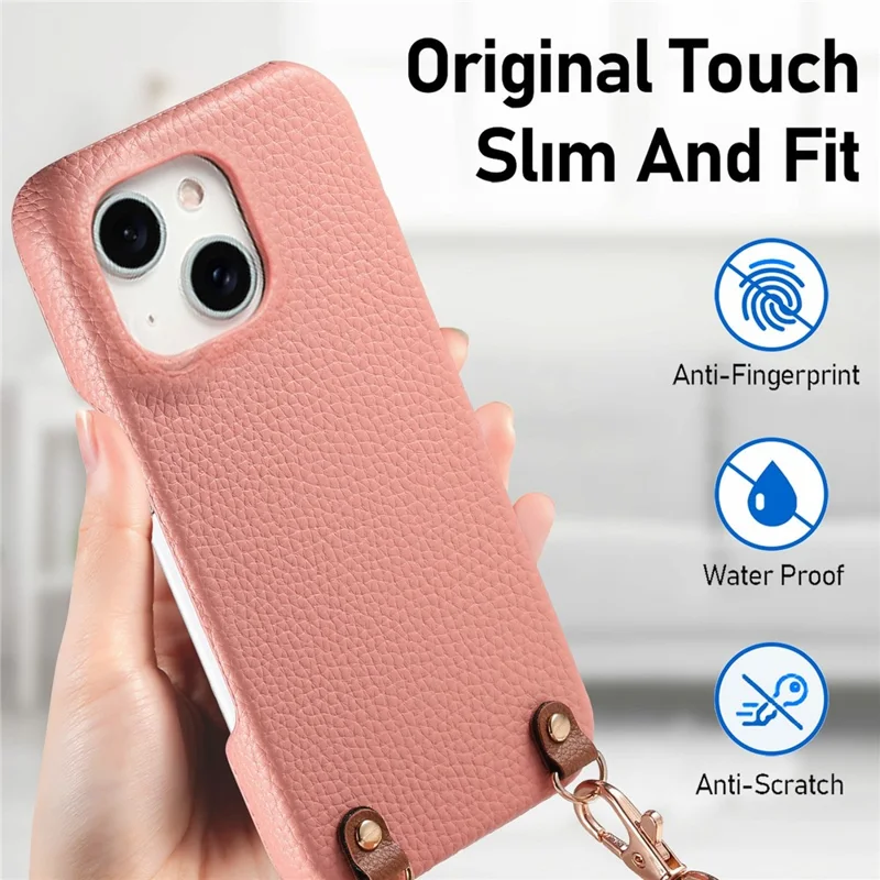 Bulk Purchasing For iPhone 14 Litchi Pattern Case with 130cm Lanyard Shockproof PC PU Leather Cover - Pink