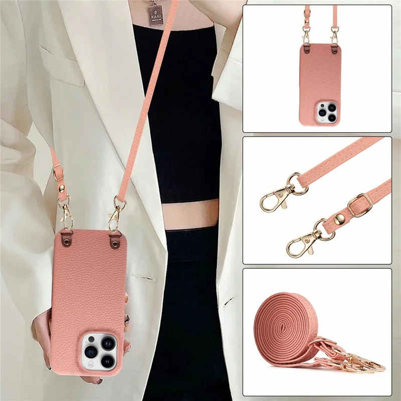 Bulk Purchasing For iPhone 13 Pro Litchi Pattern Case with 130cm Lanyard Shockproof PC PU Leather Cover - Pink