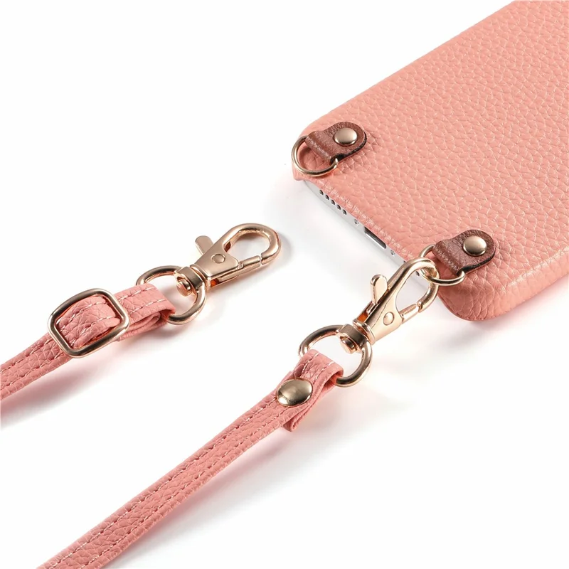 Bulk Purchasing For iPhone 13 Pro Max Litchi Pattern Case with 130cm Lanyard Shockproof PC PU Leather Cover - Pink