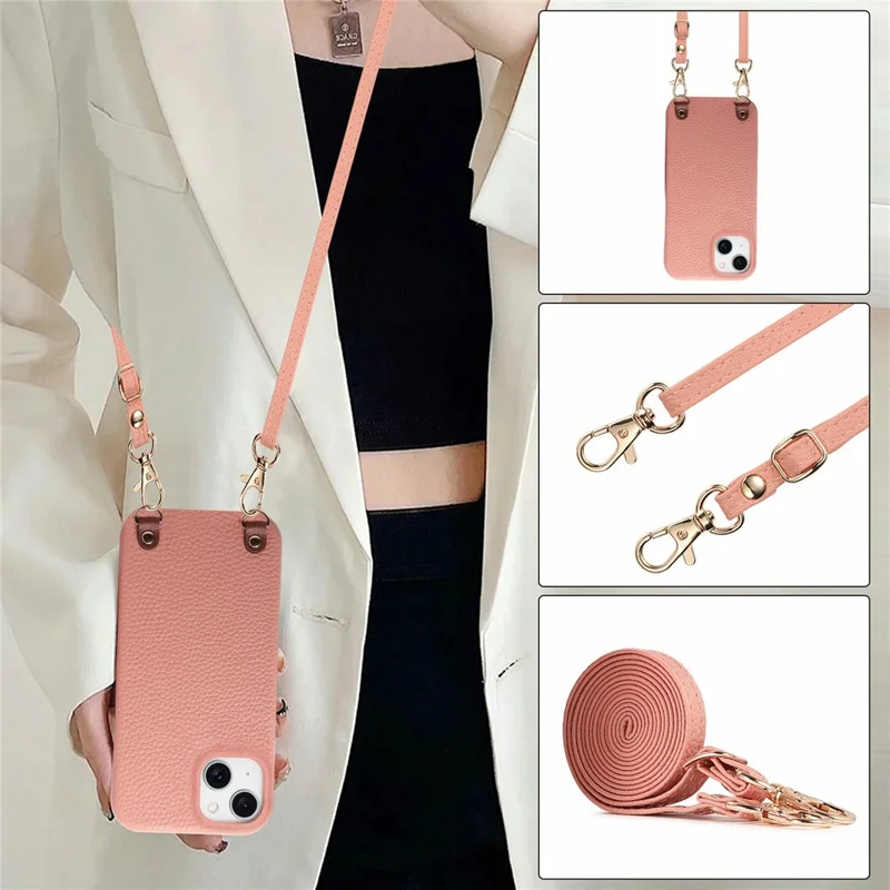 Bulk Purchasing For iPhone 13 Litchi Pattern Case with 130cm Lanyard Shockproof PC PU Leather Cover - Pink