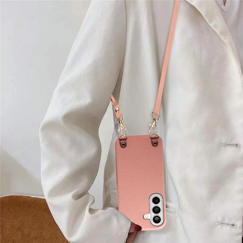 Bulk Purchasing For Samsung Galaxy S24 Litchi Pattern Case with 130cm Lanyard Shockproof PC PU Leather Cover - Pink