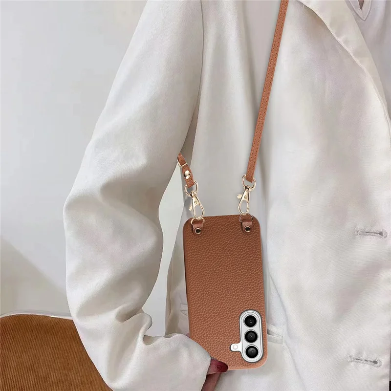 Bulk Purchasing Litchi Pattern Case For Samsung Galaxy A16 5G  /  A16 4G Shockproof PC PU Leather Cover with 130cm Lanyard - Brown