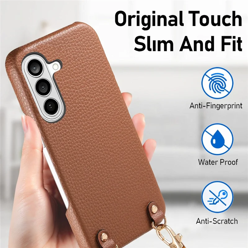 Bulk Purchasing Litchi Pattern Case For Samsung Galaxy A16 5G  /  A16 4G Shockproof PC PU Leather Cover with 130cm Lanyard - Brown