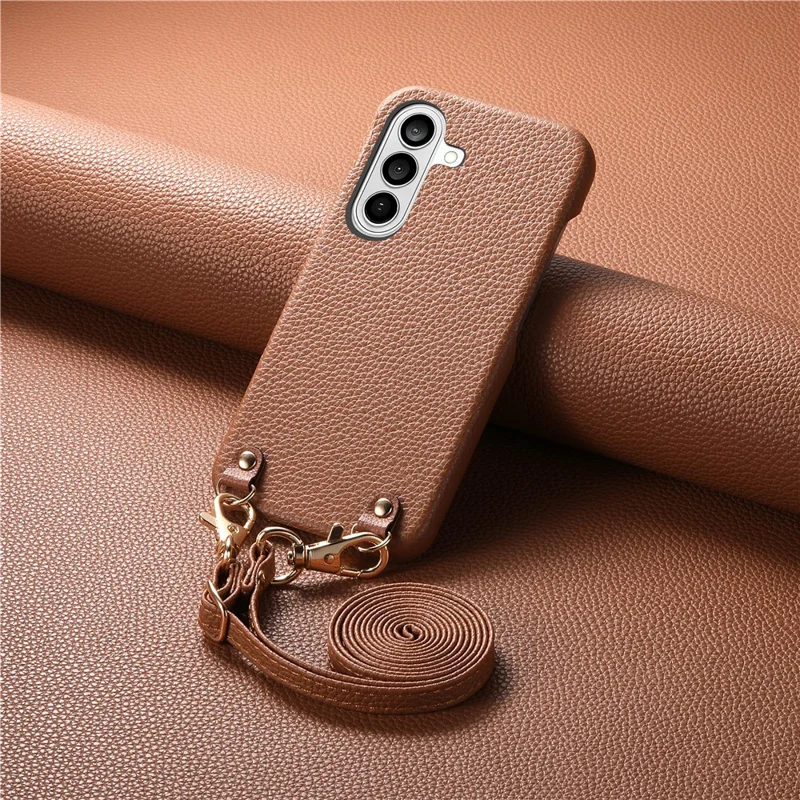 Bulk Purchasing Litchi Pattern Case For Samsung Galaxy A16 5G  /  A16 4G Shockproof PC PU Leather Cover with 130cm Lanyard - Brown