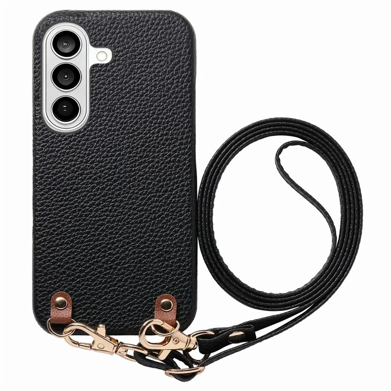 Bulk Purchasing For Samsung Galaxy A55 5G Litchi Pattern Case with 130cm Lanyard Shockproof PC PU Leather Cover - Black