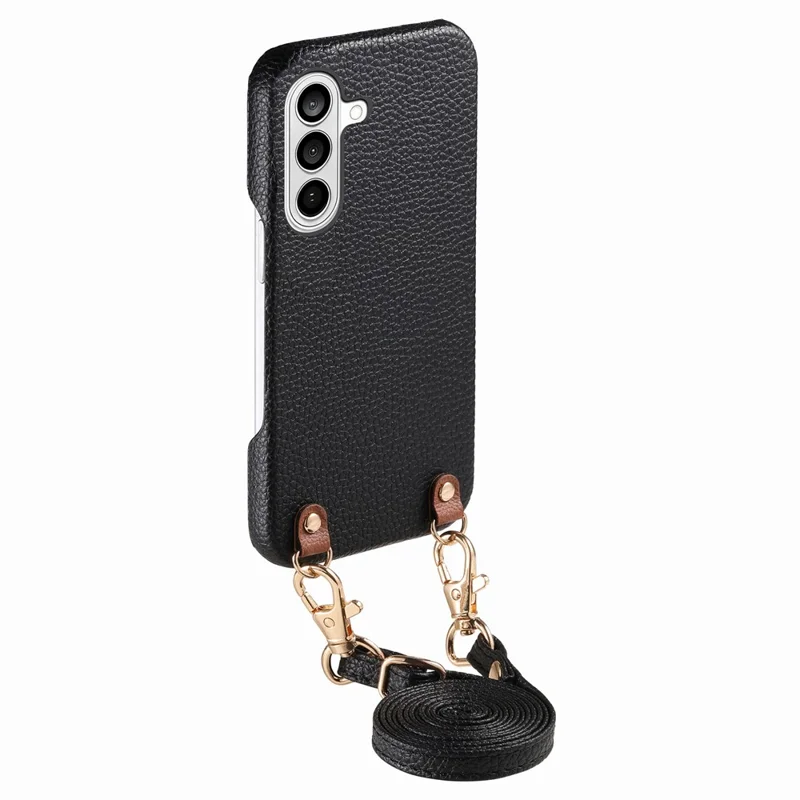 Bulk Purchasing For Samsung Galaxy A55 5G Litchi Pattern Case with 130cm Lanyard Shockproof PC PU Leather Cover - Black