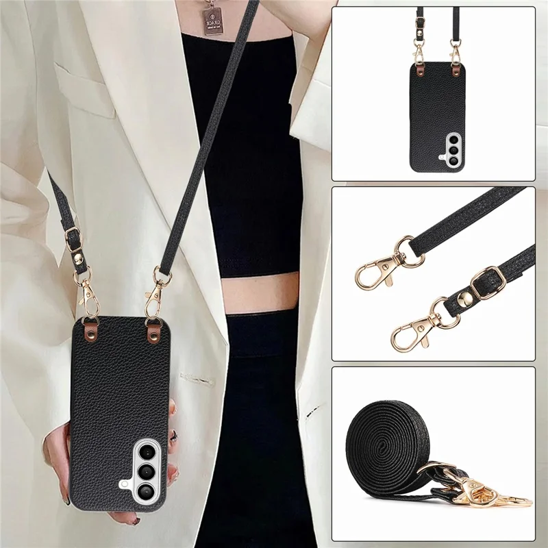 Bulk Purchasing For Samsung Galaxy A55 5G Litchi Pattern Case with 130cm Lanyard Shockproof PC PU Leather Cover - Black
