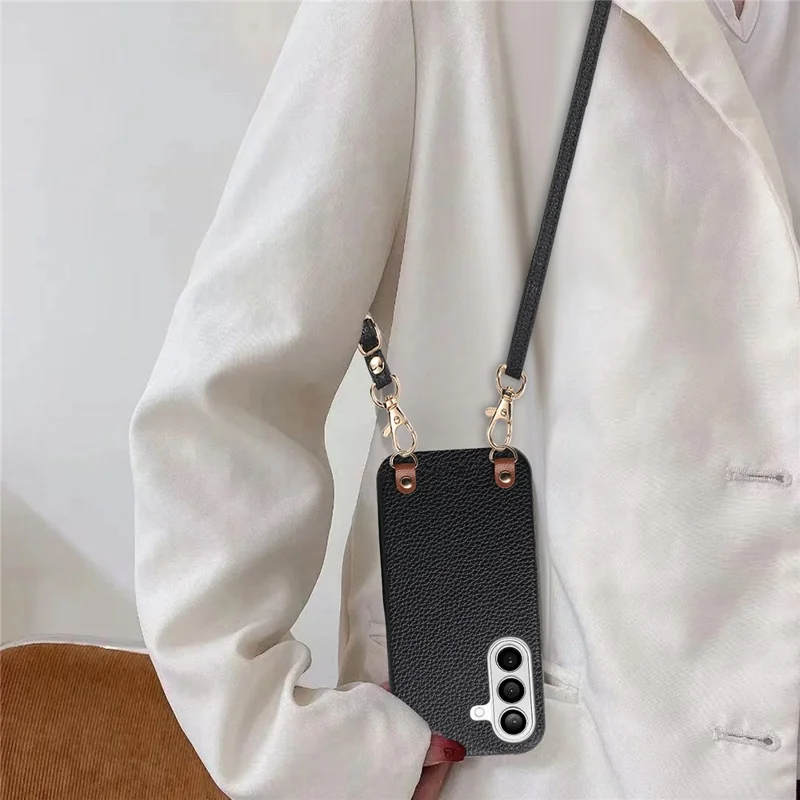 Bulk Purchasing For Samsung Galaxy A55 5G Litchi Pattern Case with 130cm Lanyard Shockproof PC PU Leather Cover - Black