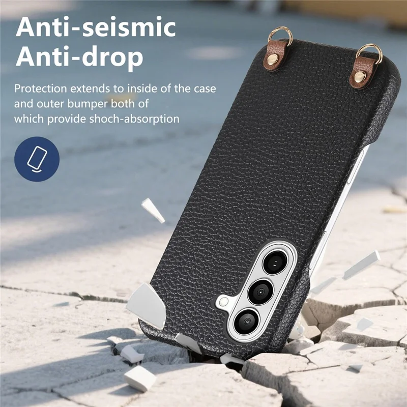 Bulk Purchasing For Samsung Galaxy A55 5G Litchi Pattern Case with 130cm Lanyard Shockproof PC PU Leather Cover - Black