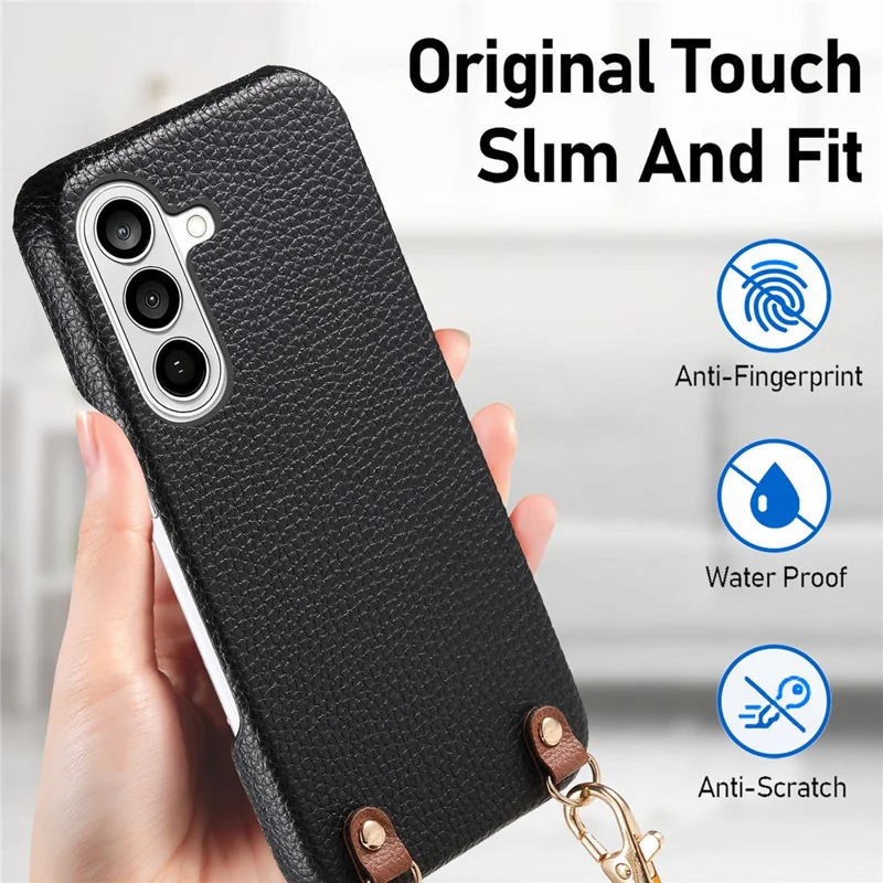 Bulk Purchasing For Samsung Galaxy A55 5G Litchi Pattern Case with 130cm Lanyard Shockproof PC PU Leather Cover - Black