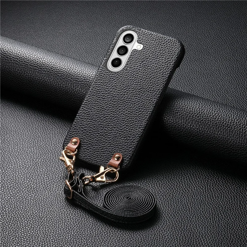 Bulk Purchasing For Samsung Galaxy A55 5G Litchi Pattern Case with 130cm Lanyard Shockproof PC PU Leather Cover - Black