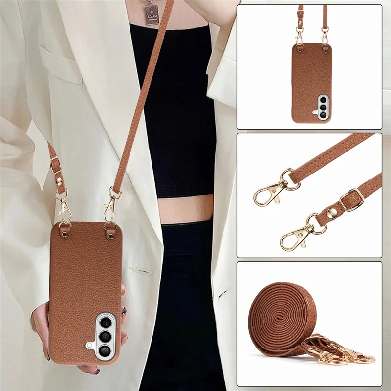 Bulk Purchasing For Samsung Galaxy A35 5G Litchi Pattern Case with 130cm Lanyard Shockproof PC PU Leather Cover - Brown