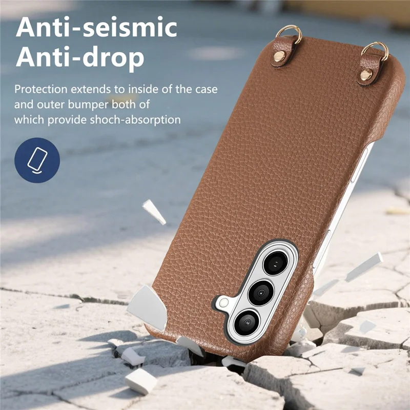 Bulk Purchasing For Samsung Galaxy A35 5G Litchi Pattern Case with 130cm Lanyard Shockproof PC PU Leather Cover - Brown