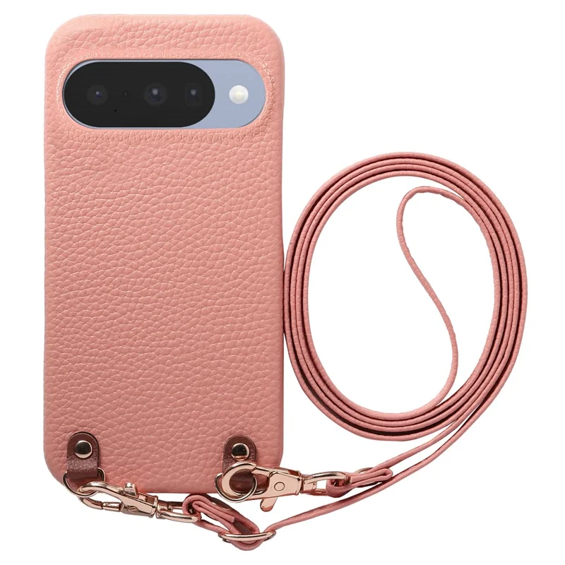 Bulk Purchasing Litchi Pattern Case For Google Pixel 9  /  9 Pro Shockproof PC PU Leather Cover with 130cm Lanyard - Pink
