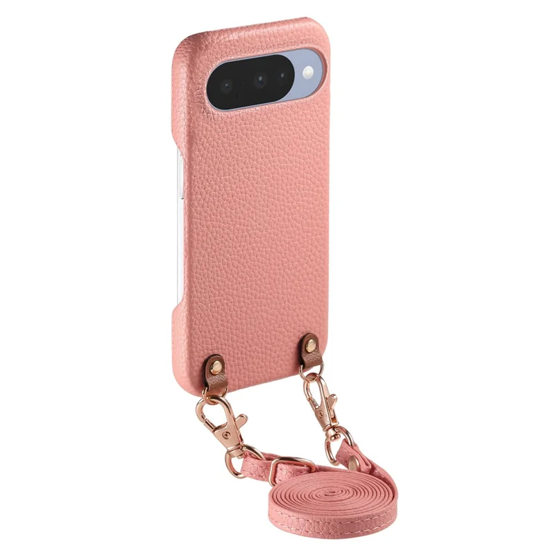 Bulk Purchasing Litchi Pattern Case For Google Pixel 9  /  9 Pro Shockproof PC PU Leather Cover with 130cm Lanyard - Pink