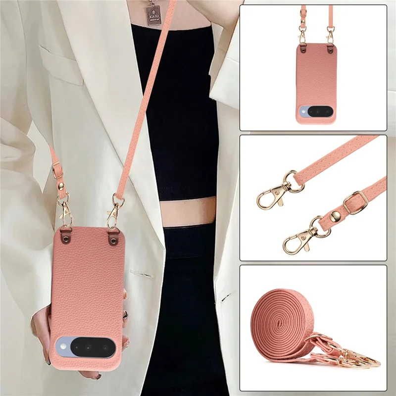 Bulk Purchasing Litchi Pattern Case For Google Pixel 9  /  9 Pro Shockproof PC PU Leather Cover with 130cm Lanyard - Pink