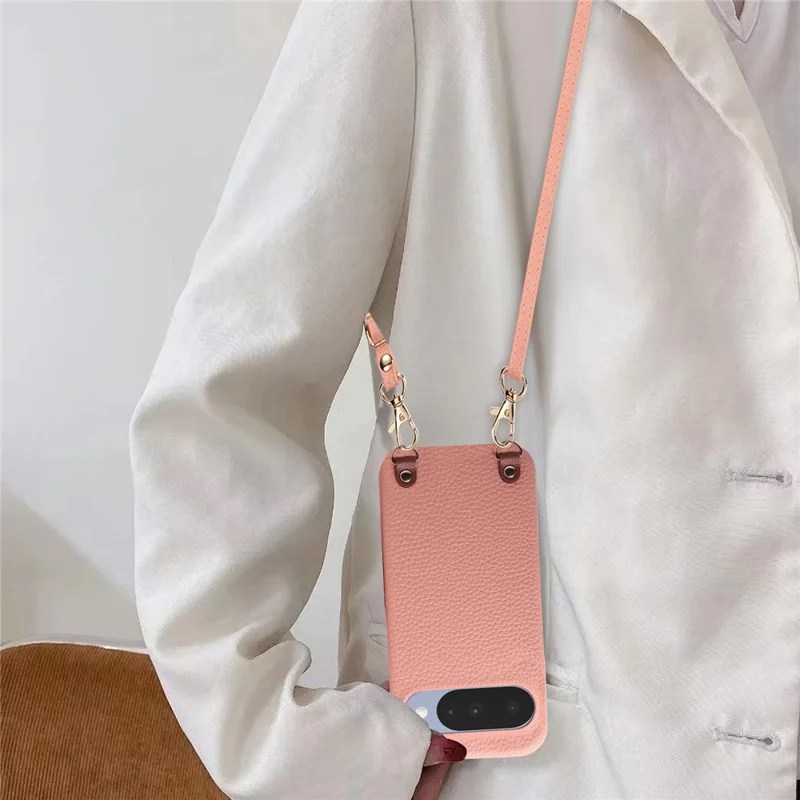Bulk Purchasing Litchi Pattern Case For Google Pixel 9  /  9 Pro Shockproof PC PU Leather Cover with 130cm Lanyard - Pink