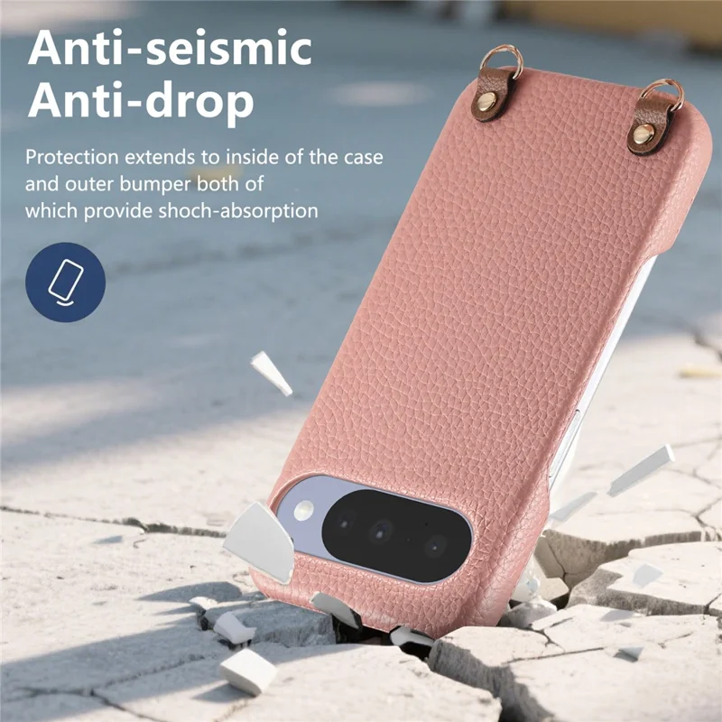 Bulk Purchasing Litchi Pattern Case For Google Pixel 9  /  9 Pro Shockproof PC PU Leather Cover with 130cm Lanyard - Pink