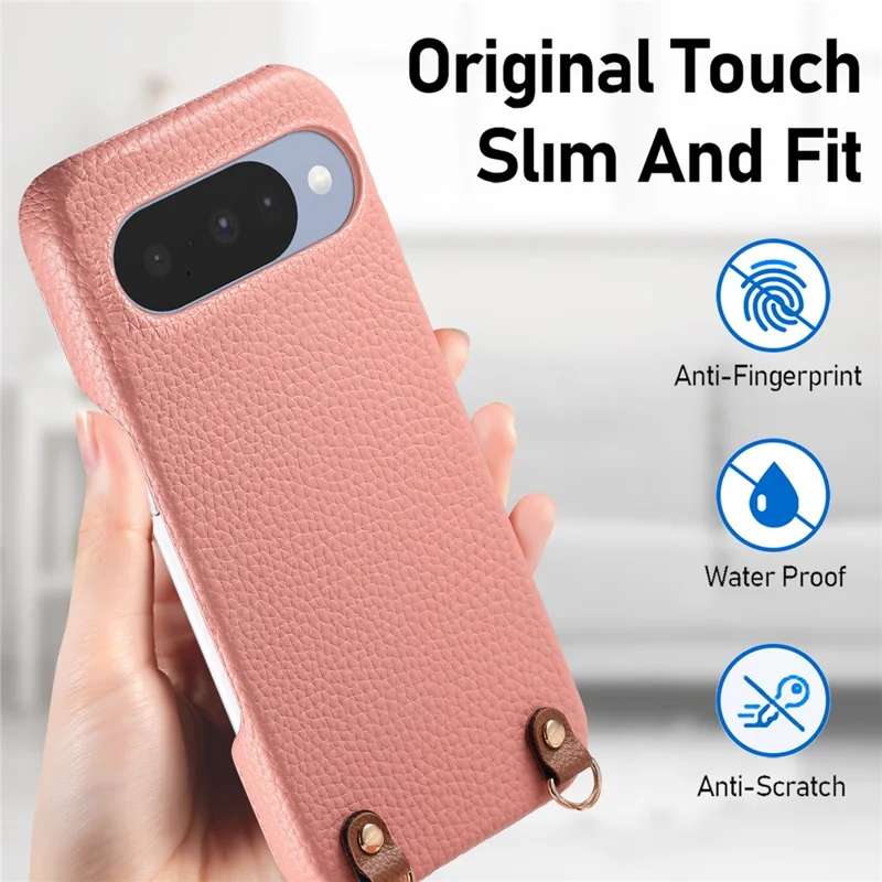 Bulk Purchasing Litchi Pattern Case For Google Pixel 9  /  9 Pro Shockproof PC PU Leather Cover with 130cm Lanyard - Pink