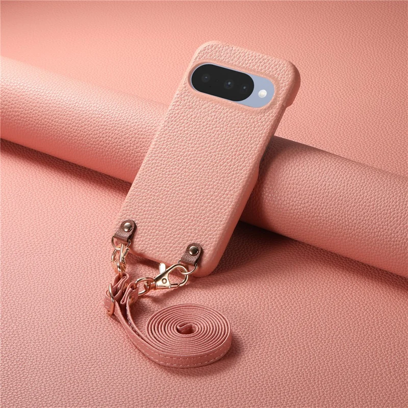 Bulk Purchasing Litchi Pattern Case For Google Pixel 9  /  9 Pro Shockproof PC PU Leather Cover with 130cm Lanyard - Pink