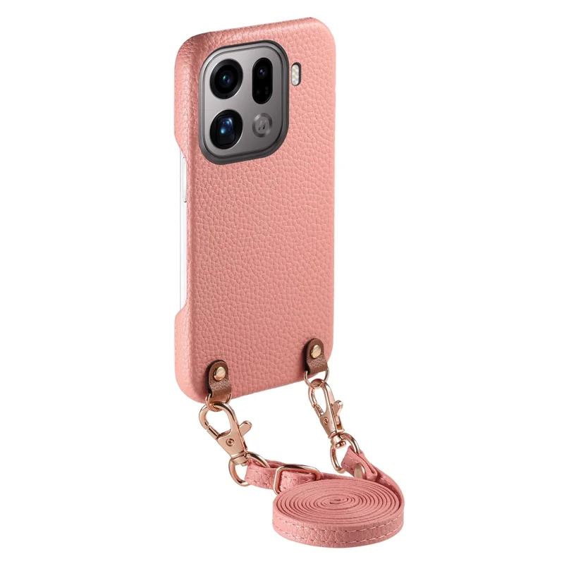 Bulk Purchasing For Oppo Find X9 Pro 5G Litchi Pattern Case with 130cm Lanyard Shockproof PC PU Leather Cover - Pink