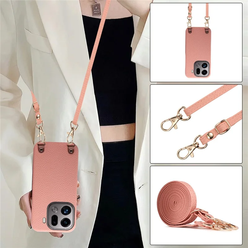 Bulk Purchasing For Oppo Find X9 Pro 5G Litchi Pattern Case with 130cm Lanyard Shockproof PC PU Leather Cover - Pink