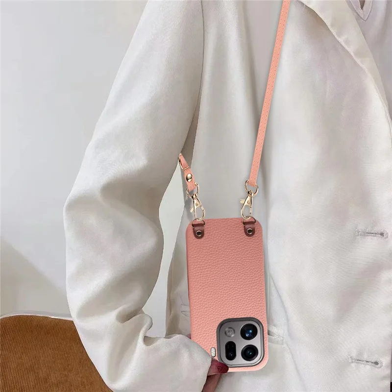 Bulk Purchasing For Oppo Find X9 Pro 5G Litchi Pattern Case with 130cm Lanyard Shockproof PC PU Leather Cover - Pink