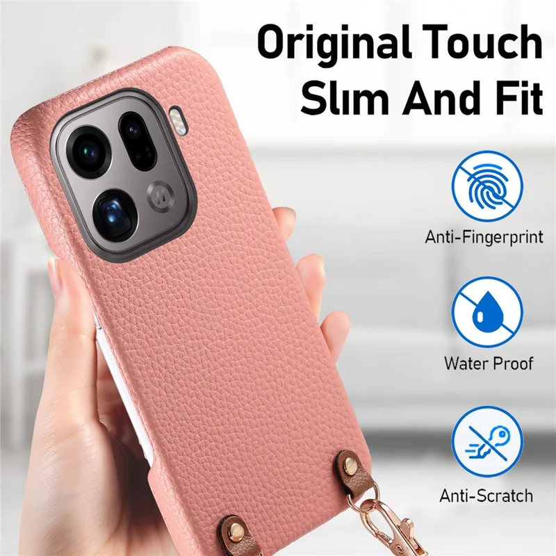 Bulk Purchasing For Oppo Find X9 Pro 5G Litchi Pattern Case with 130cm Lanyard Shockproof PC PU Leather Cover - Pink