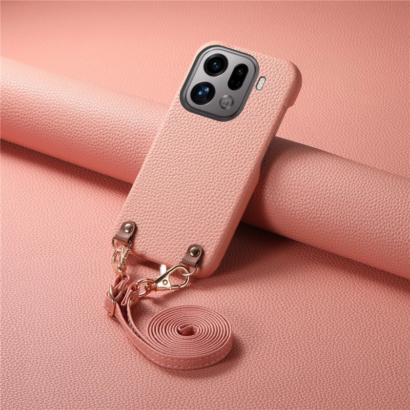 Bulk Purchasing For Oppo Find X9 Pro 5G Litchi Pattern Case with 130cm Lanyard Shockproof PC PU Leather Cover - Pink