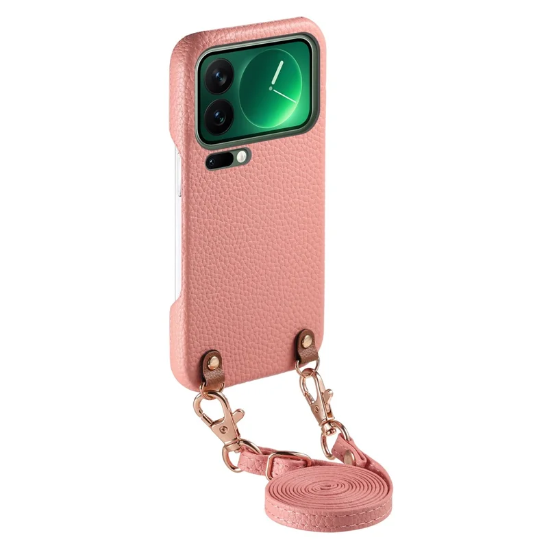 Bulk Purchasing For Xiaomi 17 Pro Max Litchi Pattern Case with 130cm Lanyard Shockproof PC PU Leather Cover - Pink