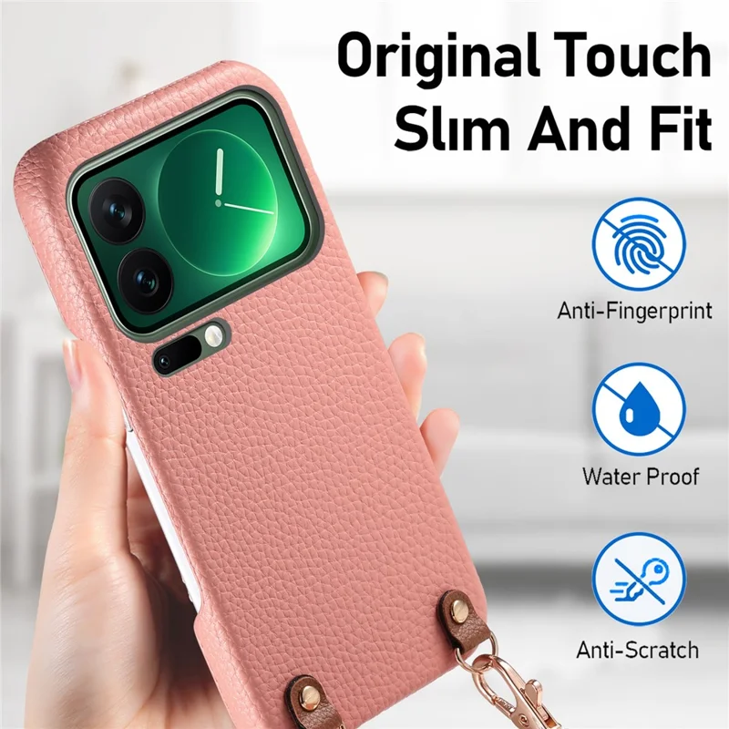 Bulk Purchasing For Xiaomi 17 Pro Litchi Pattern Case with 130cm Lanyard Shockproof PC PU Leather Cover - Pink