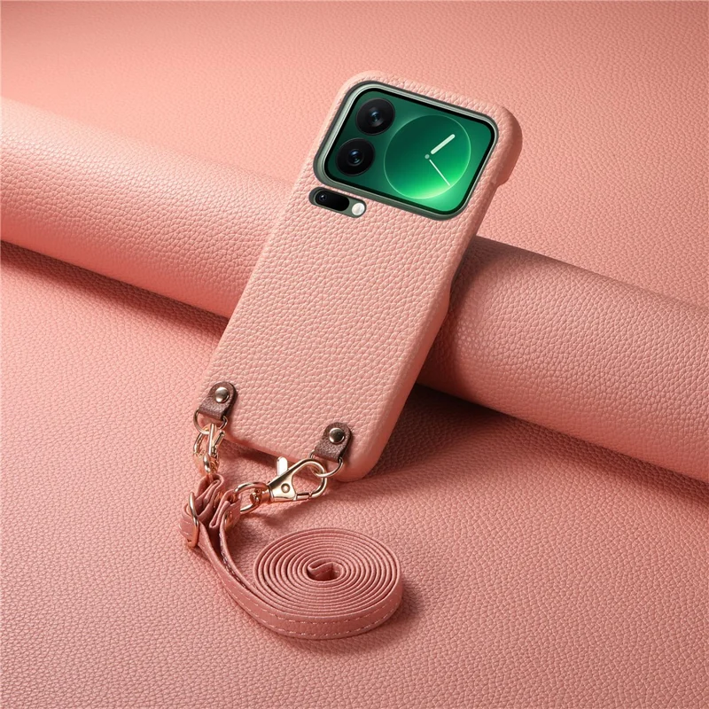 Bulk Purchasing For Xiaomi 17 Pro Litchi Pattern Case with 130cm Lanyard Shockproof PC PU Leather Cover - Pink