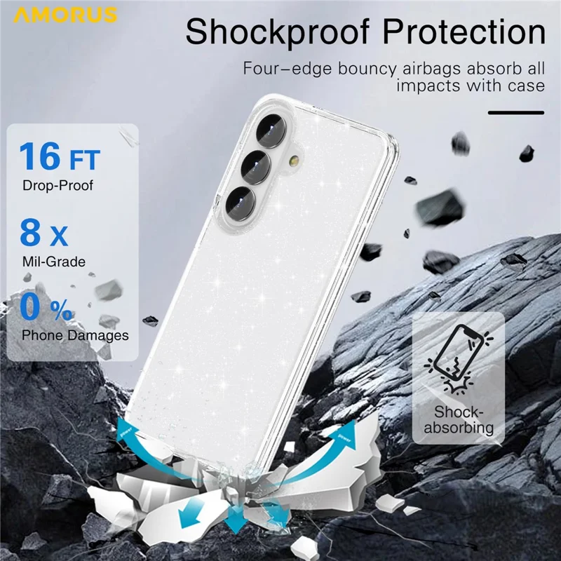 AMORUS For Samsung Galaxy S26+ Case Soft TPU Hard PC Back Shockproof Phone Cover - Glitter White