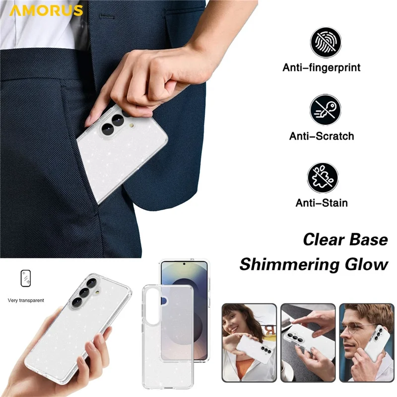 AMORUS For Samsung Galaxy S26+ Case Soft TPU Hard PC Back Shockproof Phone Cover - Glitter White