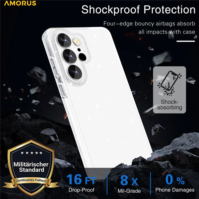AMORUS For Samsung Galaxy S26 Ultra Case Soft TPU Hard PC Back Shockproof Phone Cover - Glitter White