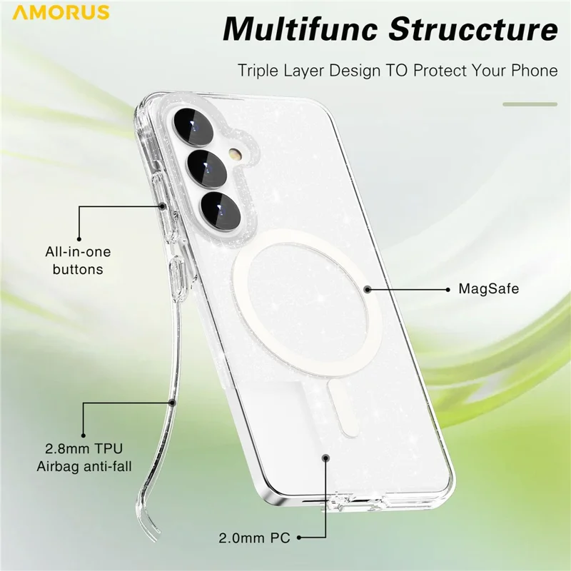 AMORUS For Samsung Galaxy S26 Magnetic Case Glitter Powder PC + TPU Phone Cover - Glitter White