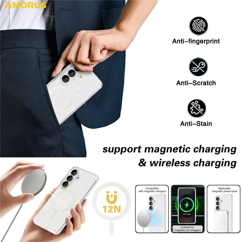 AMORUS For Samsung Galaxy S26+ Magnetic Case Glitter Powder PC + TPU Phone Cover - Glitter White