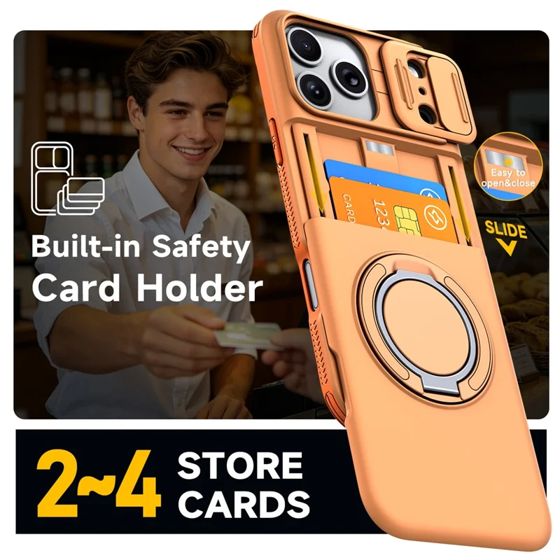 Bulk Purchasing for iPhone 17 Pro Max Magnetic Case with  360° Metal Ring Kickstand Sliding Camera Cover Shockproof PC TPU Protective Cover - Orange