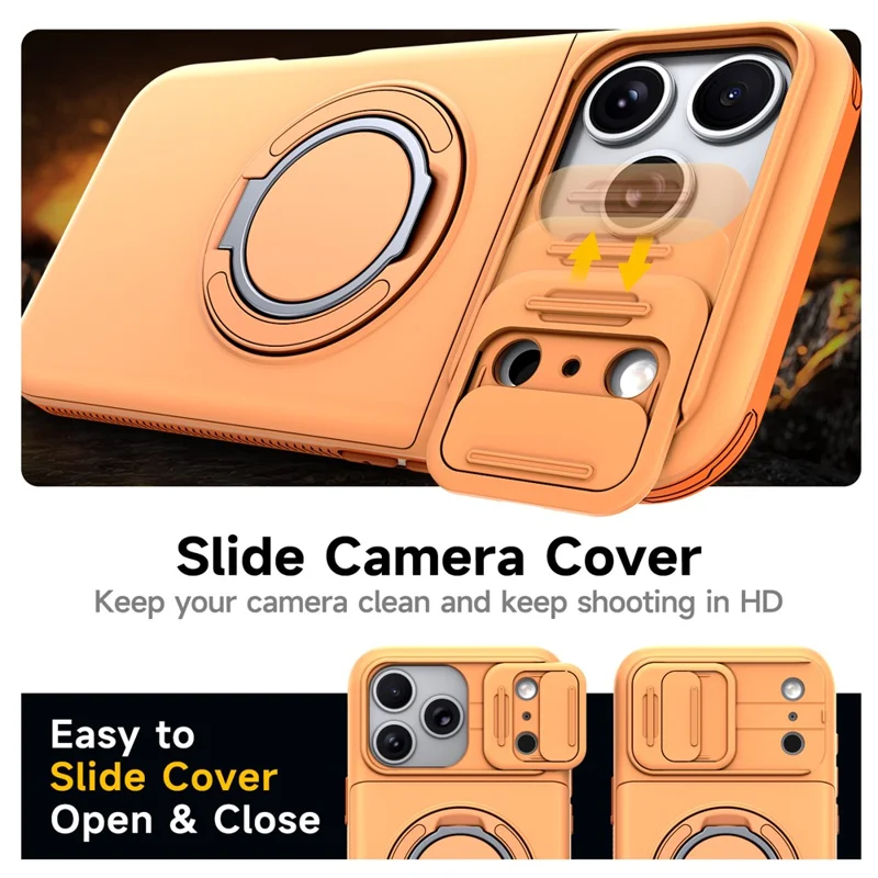 Bulk Purchasing for iPhone 17 Pro Max Magnetic Case with  360° Metal Ring Kickstand Sliding Camera Cover Shockproof PC TPU Protective Cover - Orange