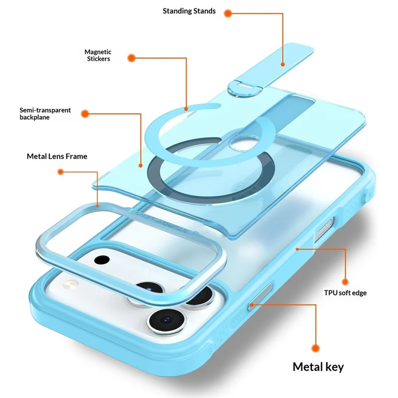 Bulk Purchasing for iPhone 17 Pro Max Magnetic Case Skin-friendly Anti-Shock TPU PC Protective Cover with Standing Kickstand - Lake Blue