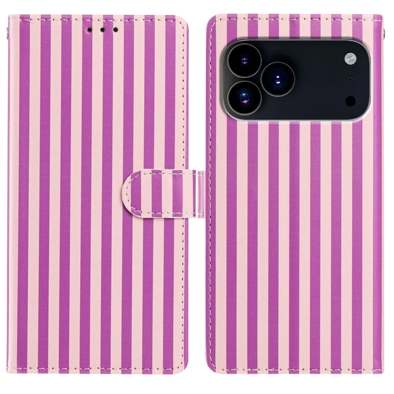 For iPhone 17 Pro Max Wallet Case Vintage Stripes Leather Stand Flip Phone Cover with Wrist Strap - Purple
