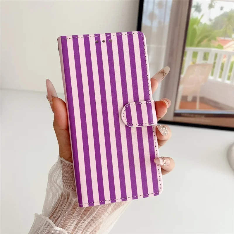 For iPhone 17 Pro Max Wallet Case Vintage Stripes Leather Stand Flip Phone Cover with Wrist Strap - Purple