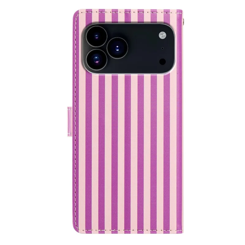 For iPhone 17 Pro Max Wallet Case Vintage Stripes Leather Stand Flip Phone Cover with Wrist Strap - Purple