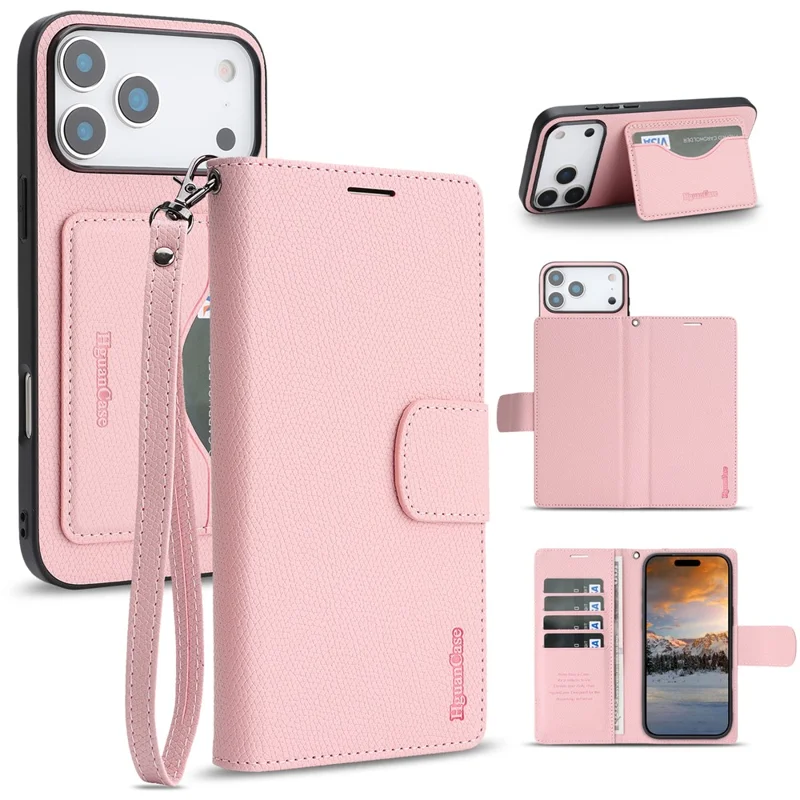 HGUANCASE For iPhone 17 Pro Max Case Wallet Stand Detachable Vintage Leather Phone Cover with Wrist Strap - Pink