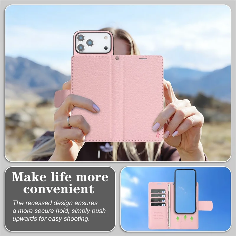 HGUANCASE For iPhone 17 Pro Max Case Wallet Stand Detachable Vintage Leather Phone Cover with Wrist Strap - Pink